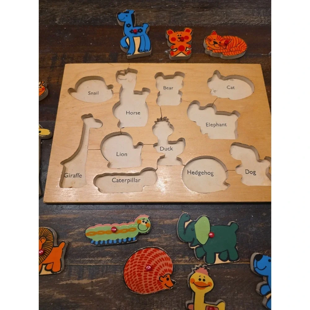 Vtg Wooden Peg Puzzle Lot Fisher Price Farm Animals School Bus Simplex Holland